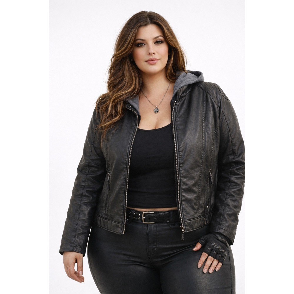 Maralyn & Me Women Vegan Leather Moto Jacket 2X Black Hooded Baddie Grunge Biker